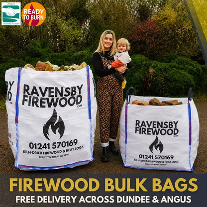 XL Firewood Bulk Bag and Builders Bag with woman and child waiting to be loaded for delivery to Dundee, Scotland