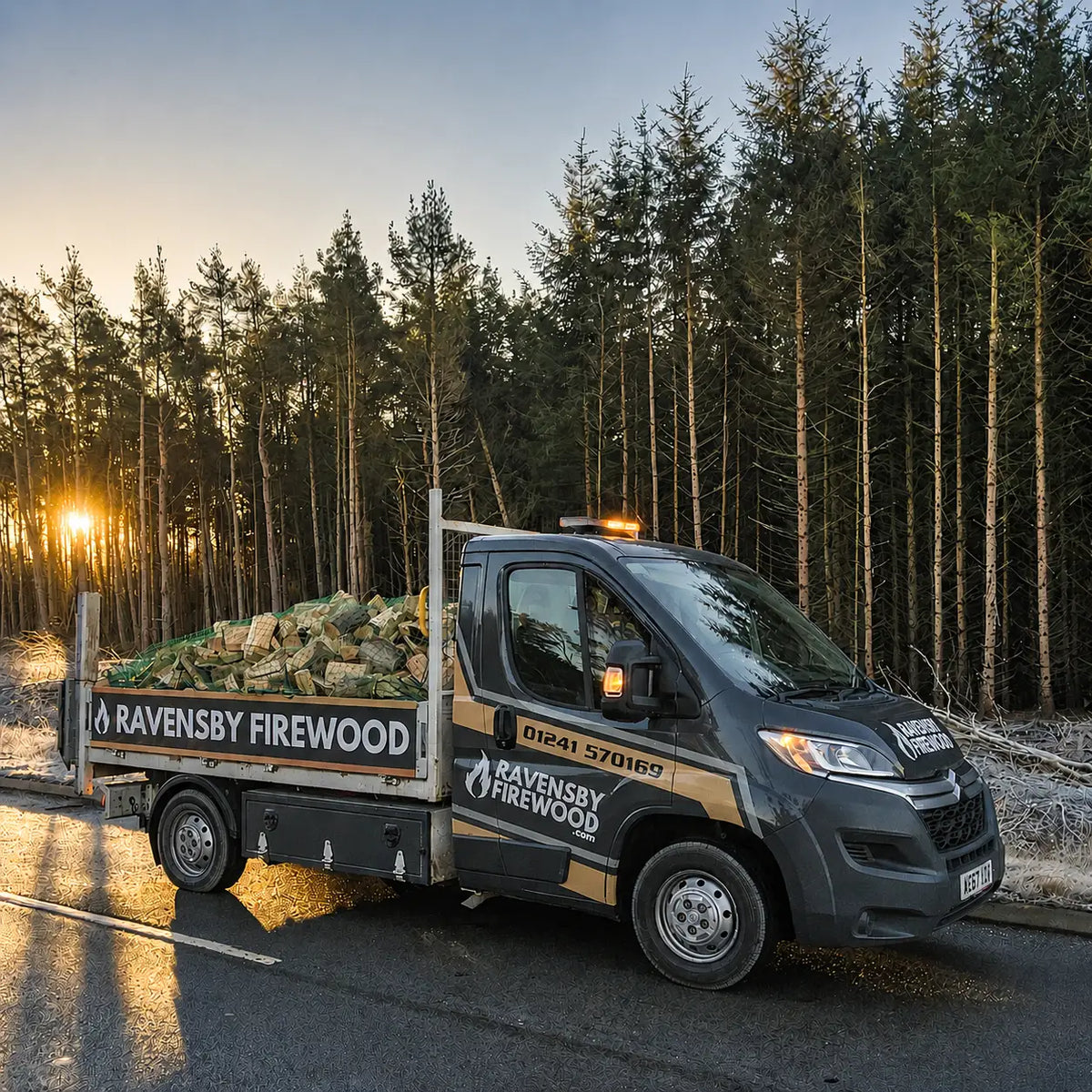 Firewood delivery van on a road through a forest wood near dundee carrying kiln-dried firewood logs with Ravensby Firewood branding on the vehicle.