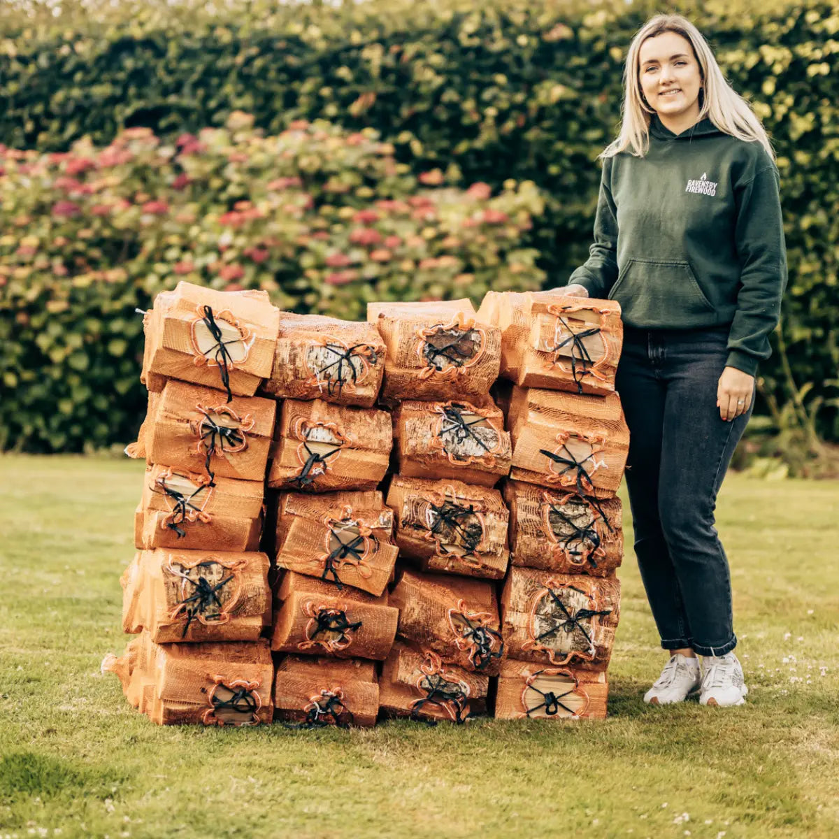 Kiln-Dried Firewood Grab Nets stacked ready for delivery in Dundee and Angus by Ravensby Firewood