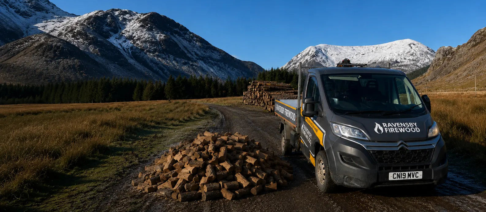 Van delivering loose tipped logs in a mountainous landscape in Forfar, Angus