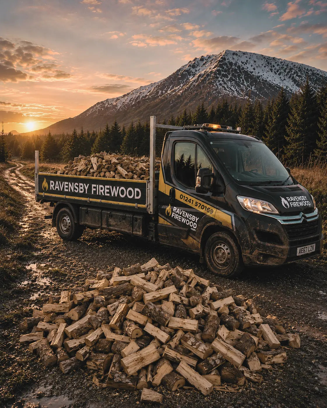 ravensby firewood branded delivery vehicle tipping loose kiln-dried logs in the angus countryside 