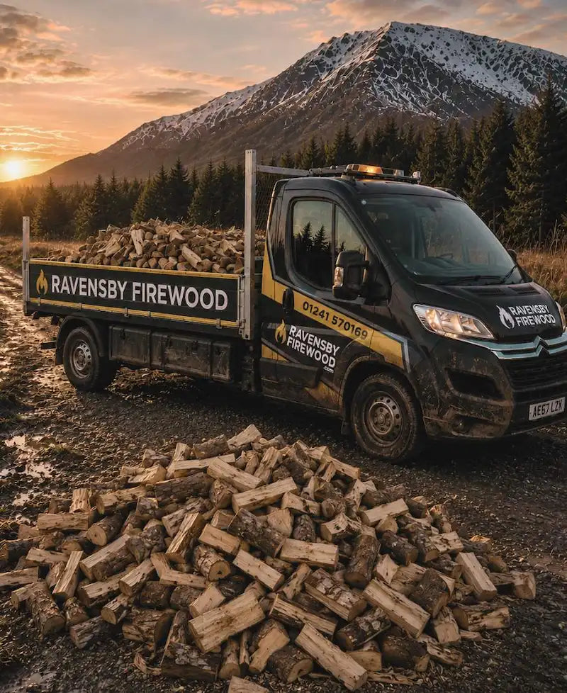 ravensby firewood branded delivery vehicle tipping loose kiln-dried logs in the angus countryside 