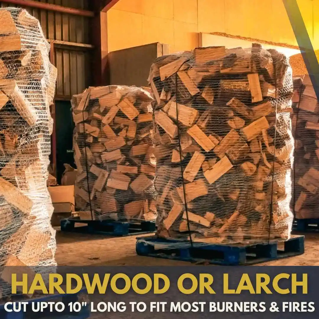 Stacks of kiln-dried hardwood firewood on pallets in a warehouse with text about wood type and length.