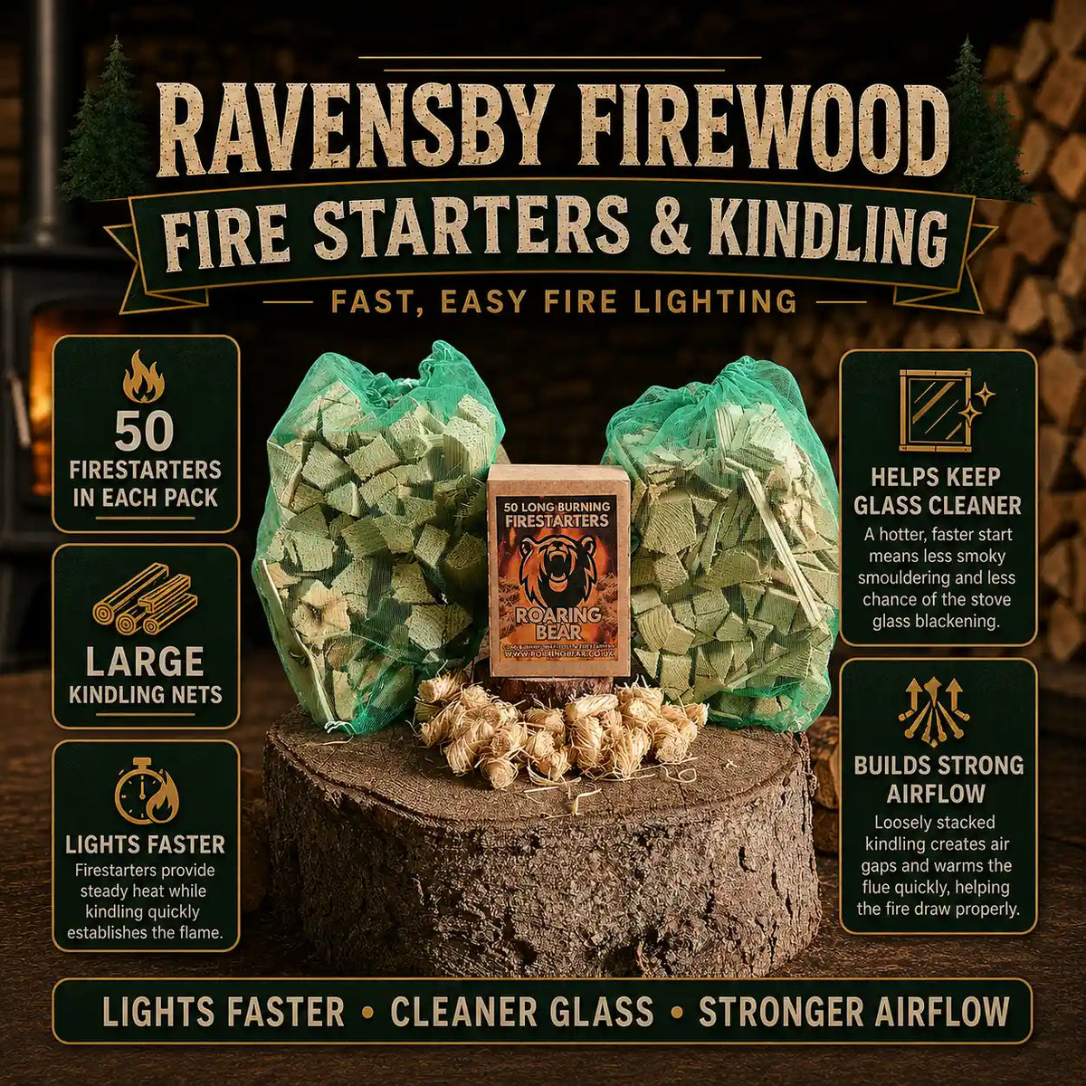 Ravensby Firewood Fire Starters & Kindling set displayed on a rustic wood stump with two green bags of kindling and a small box of fire starters in the center adverting the Dundee & Angus firewood shop.