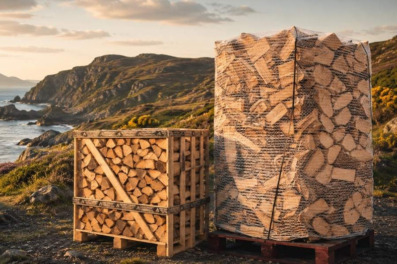Stacks of kiln-dried firewood in wooden crates and a woven cover against a scenic Scottish Island backdrop