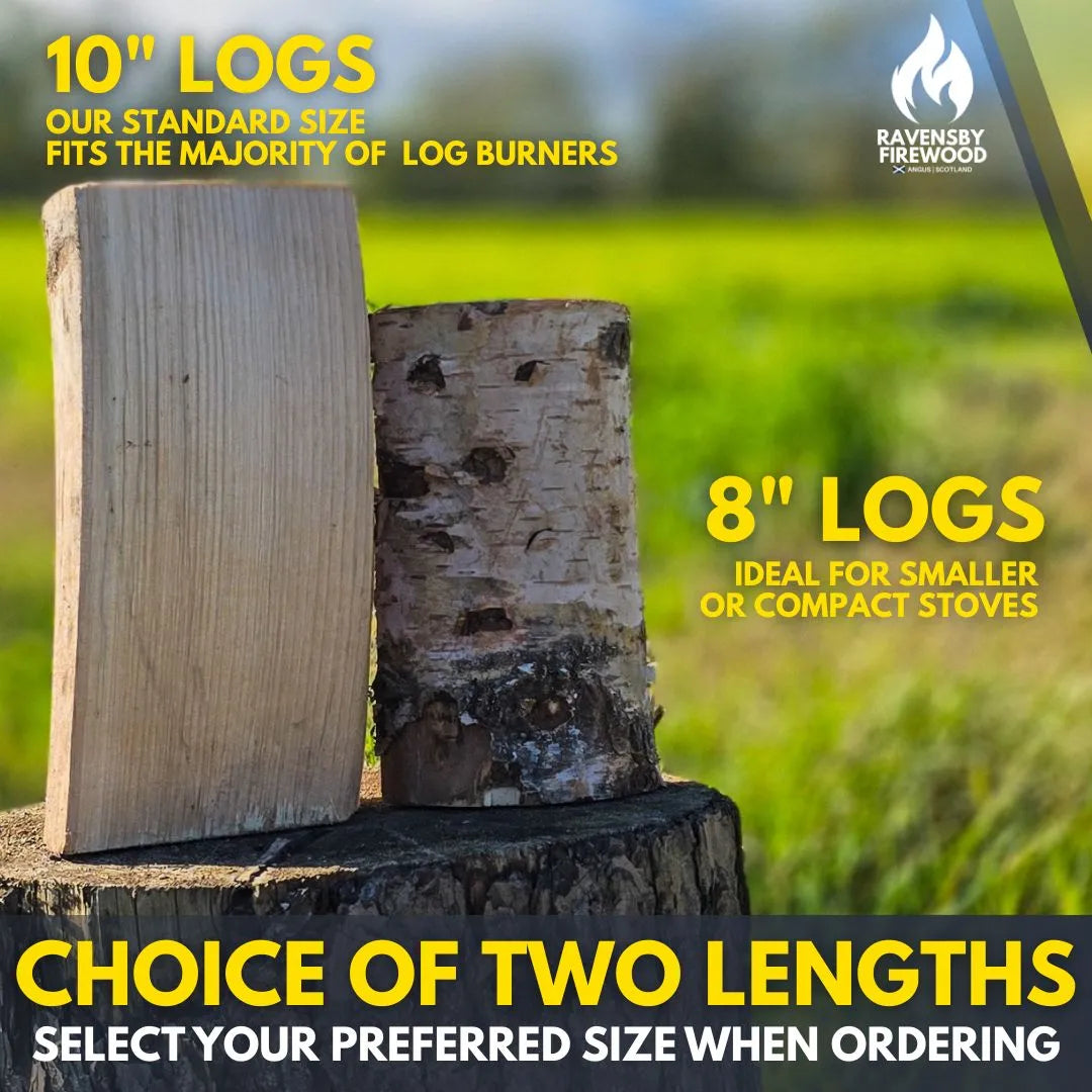 Two different log sizes stood side by side. A 10" log and an 8" log