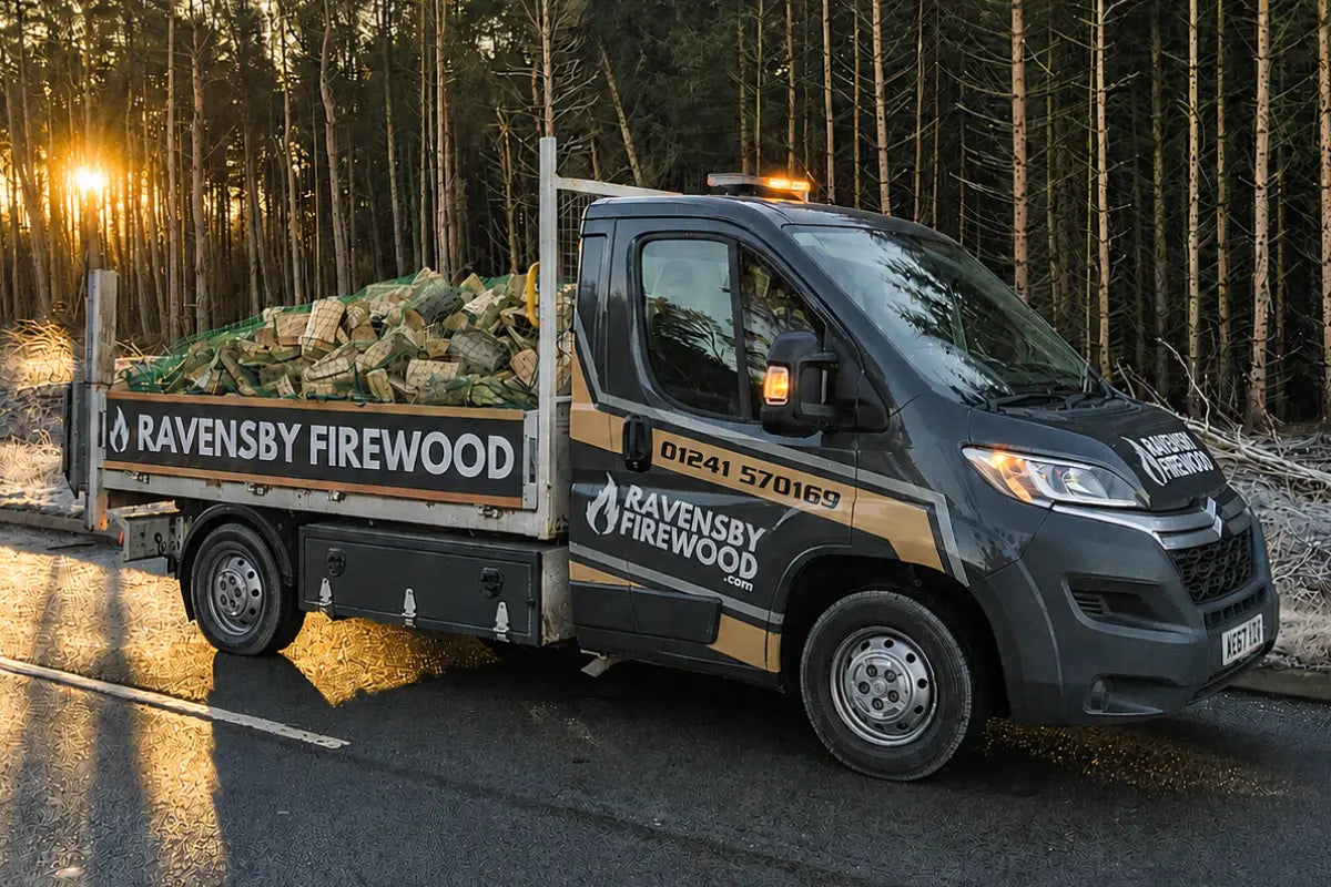 Ravensby Firewood delivery truck with firewood load of kiln-dried hardwood on delivery near Dundee