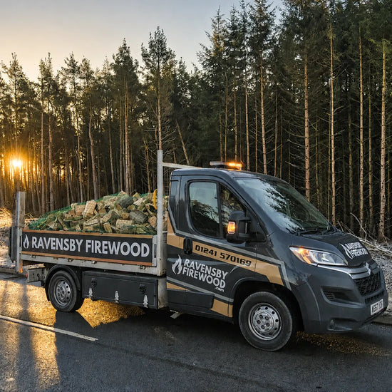 Van carrying loose tipped kiln-dried stovewood through a forest near Dundee, Scotland