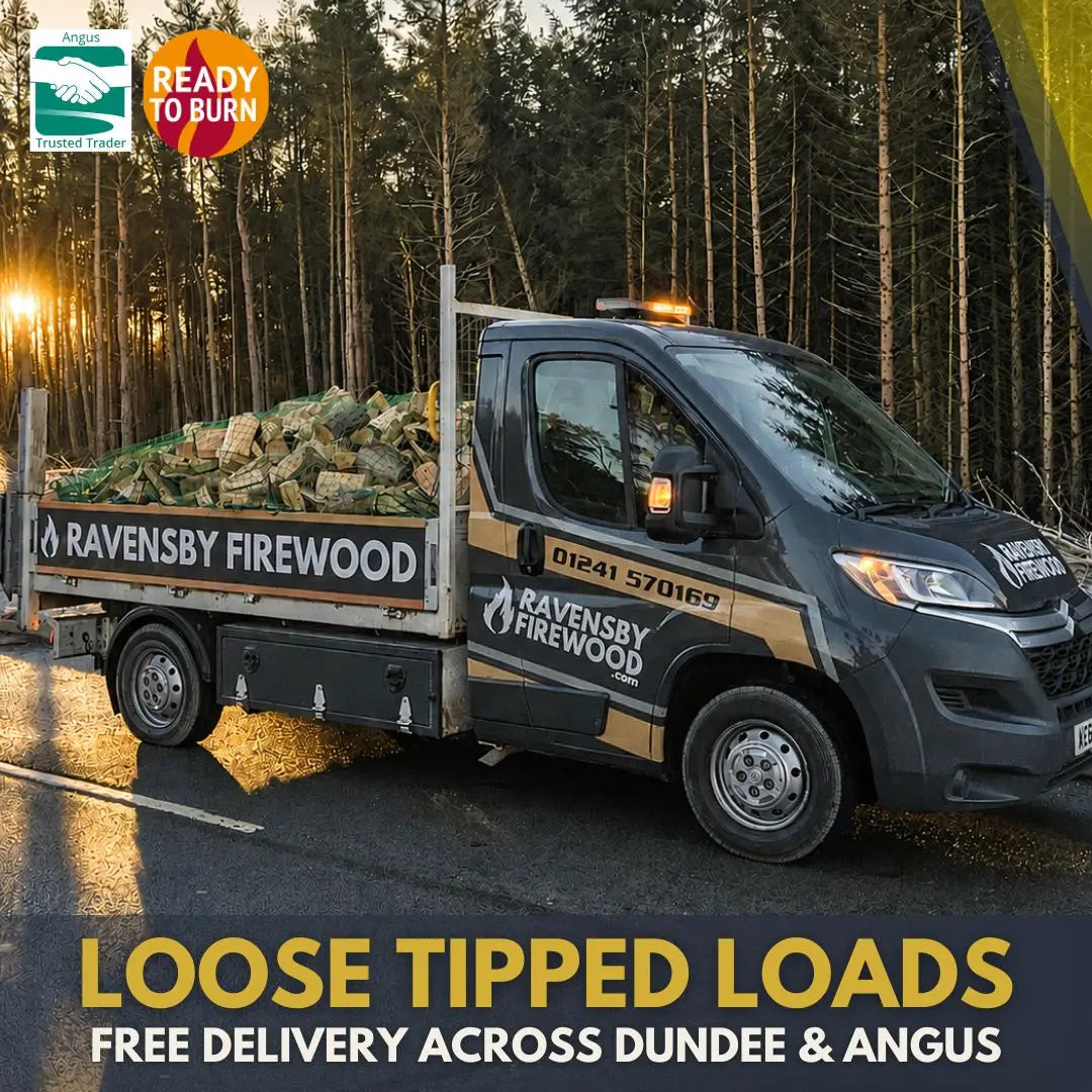 Kiln-Dried tipper van of loose logs on a delivery to Arbroath, Angus, branded with Ravensby Firewood logo and colours