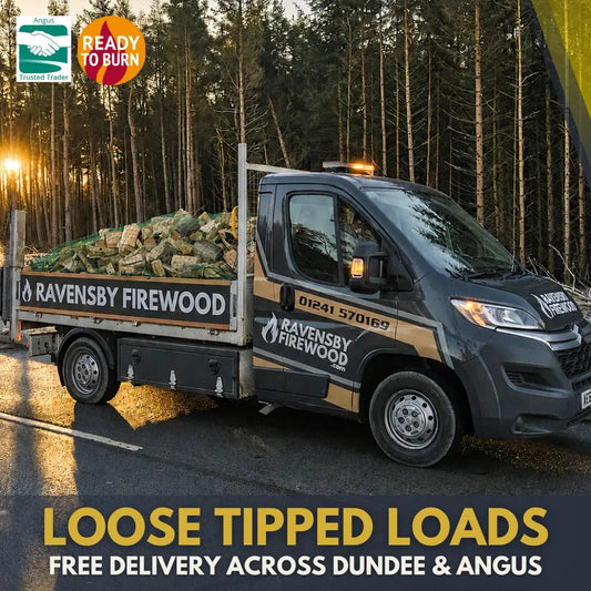 Kiln-Dried tipper van of loose logs on a delivery to Arbroath, Angus, branded with Ravensby Firewood logo and colours