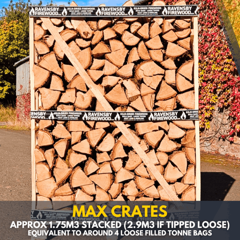 Max crate of kiln-dried ash firewood logs – approx. 1.75m³ stacked or 2.9m³ loose, equivalent to 4 builder's bags. Ideal for stoves and log burners.