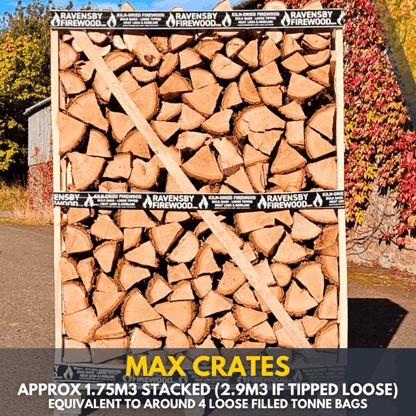 Max crate of kiln-dried ash firewood logs – approx. 1.75m³ stacked or 2.9m³ loose, equivalent to 4 builder's bags. Ideal for stoves and log burners.