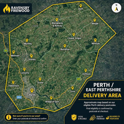 Map of Perth and East Perthshire firewood delivery area including Perth City, Blairgowrie, Errol and Alyth featuring Ravensby Firewood branding.