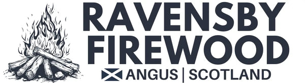 A logo-style graphic with a black line drawing of a burning campfire on the left and large dark navy text reading 'RAVENSBY FIREWOOD' on the right, with smaller text 'ANGUS | SCOTLAND' below.