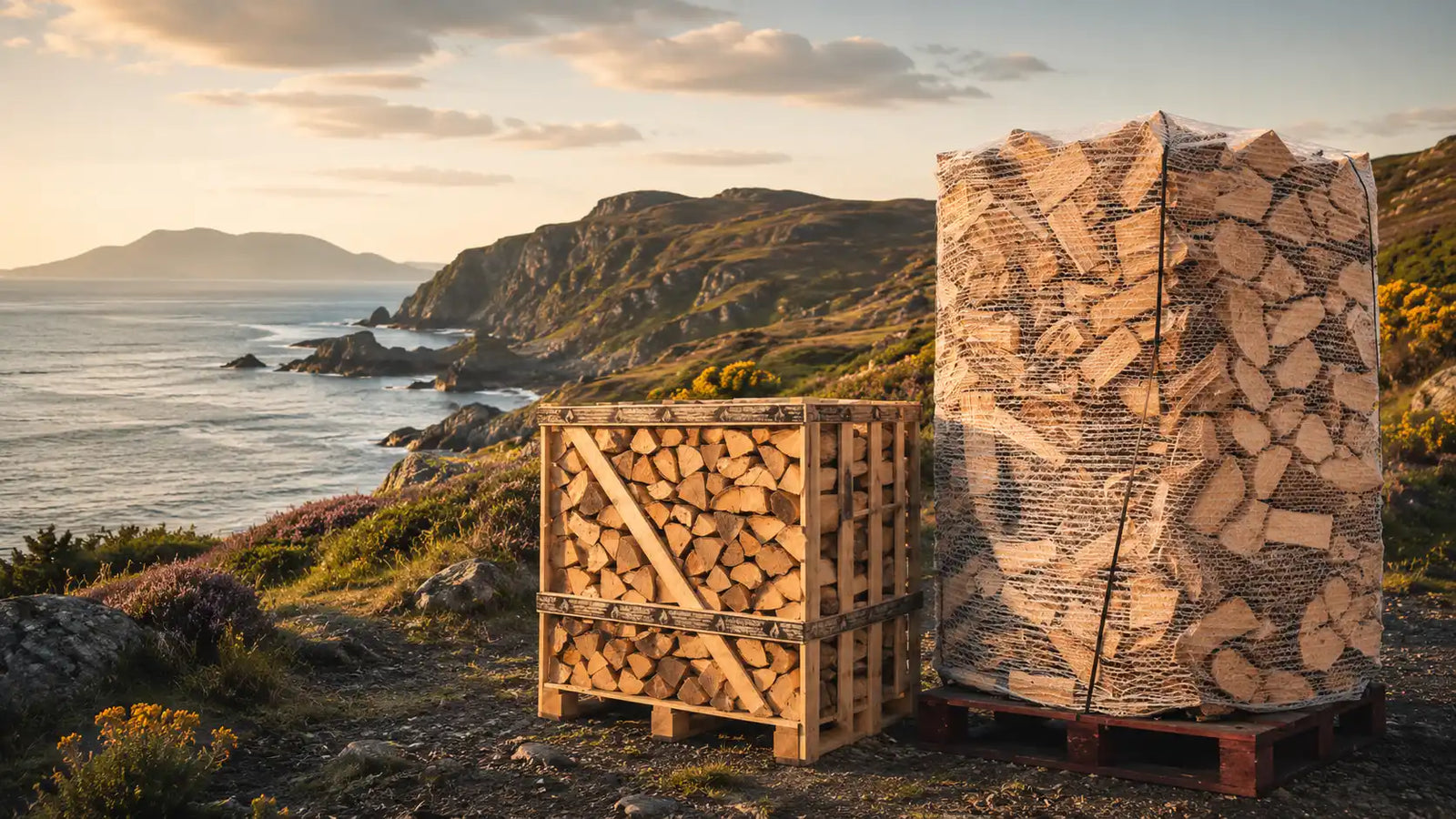Kiln-dried firewood in a crate on a rugged Scottish Island coast