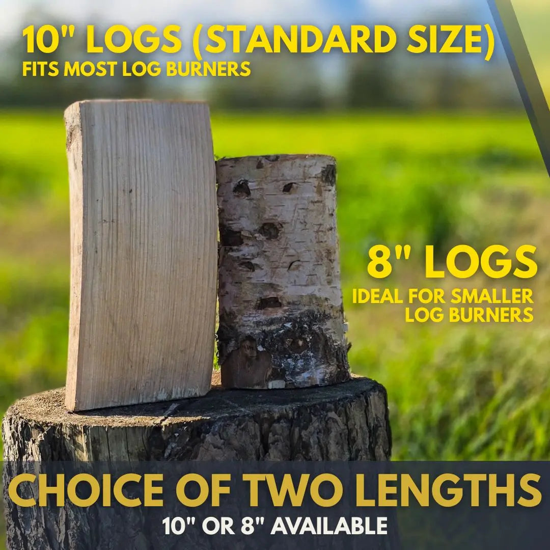 Graphic showing two logs on a tree stump, one is 10 inch and fits most log burners and one is a small log for a small wood burning stove or fire