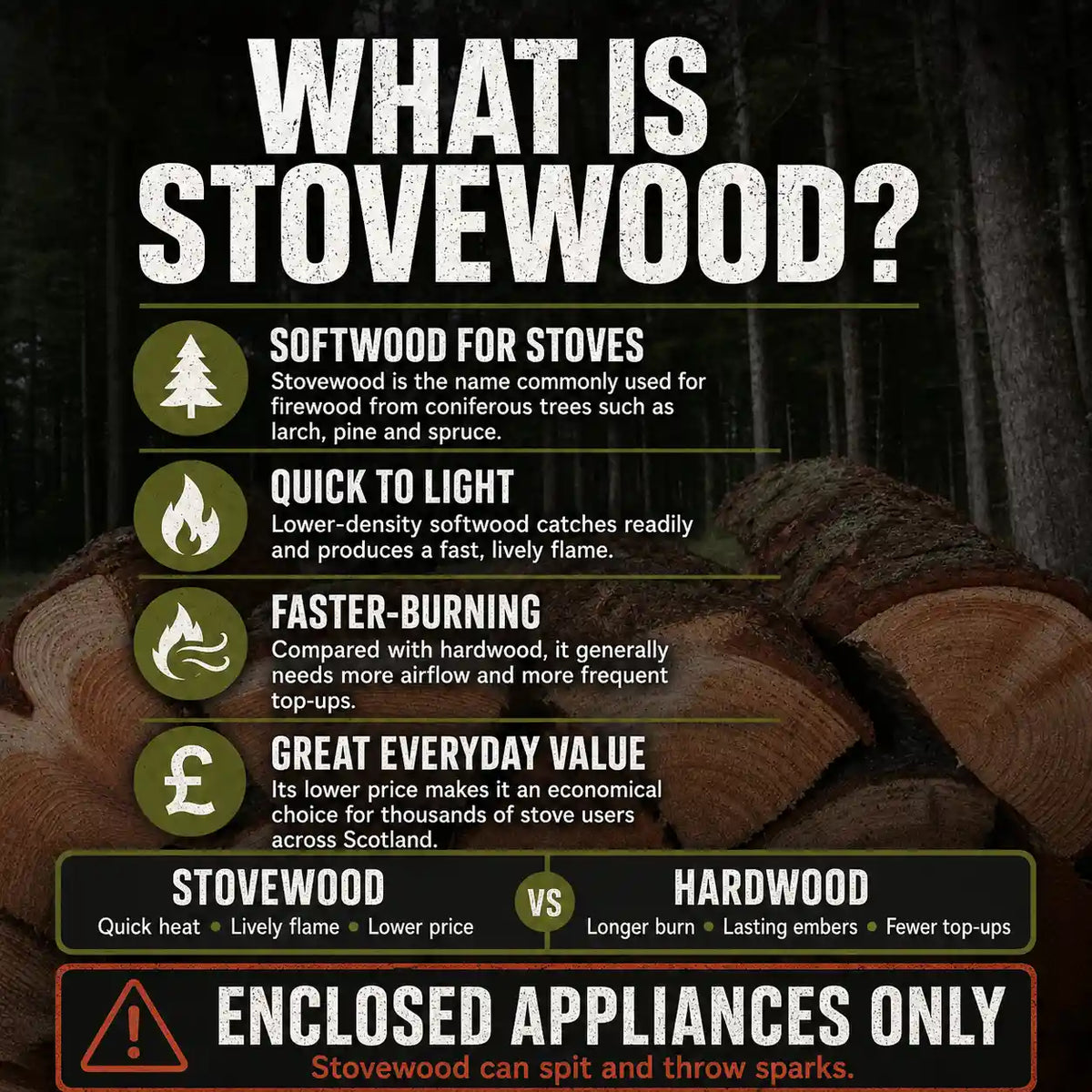 An information graphic answering what "Stovewood logs" is in firewood terms