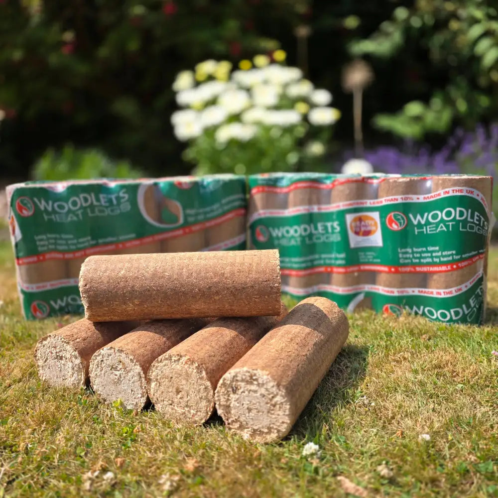 Woodlet heatlogs on a grass garden outside the Ravensby Firewood shop in Angus